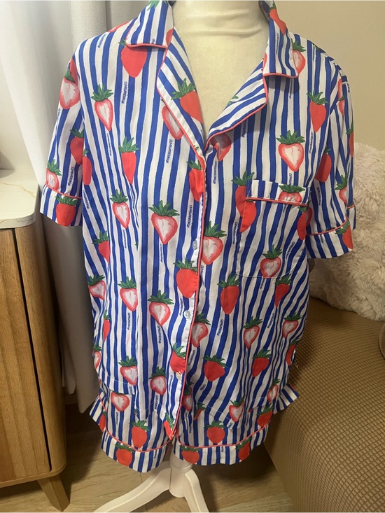 Bouffants And Broken Hearts Other - Bouffant’s and Broken Hearts Blue & White Stripe Strawberry Pajama Set